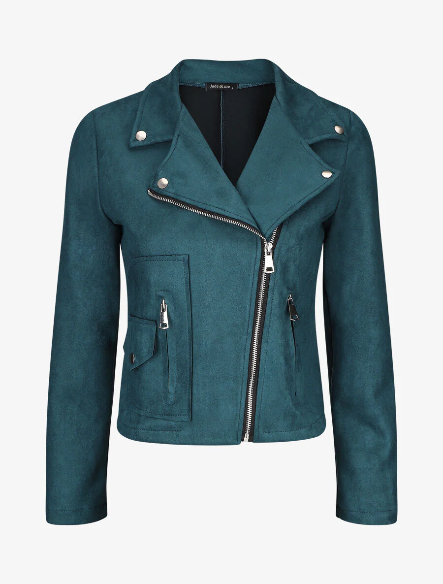 Perfecto-stijl gevoerde suède jas met rits - Blauwgroen