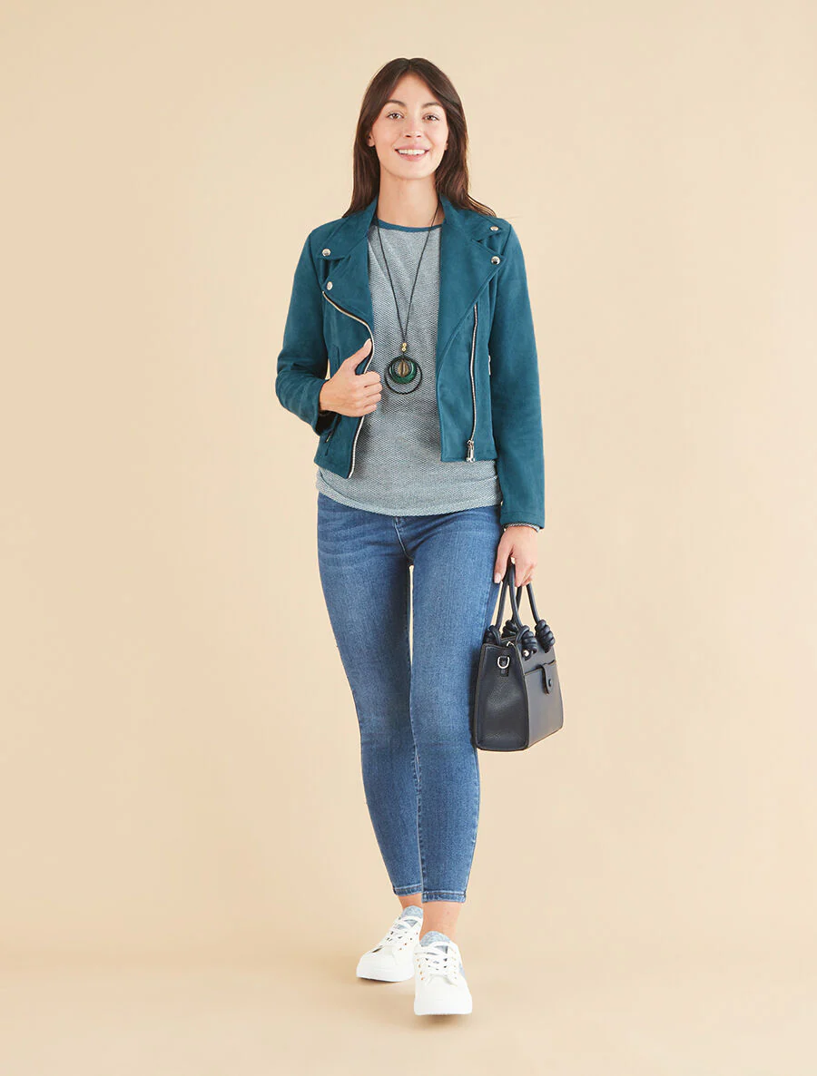 Perfecto-stijl gevoerde suède jas met rits - Blauwgroen - Image 4