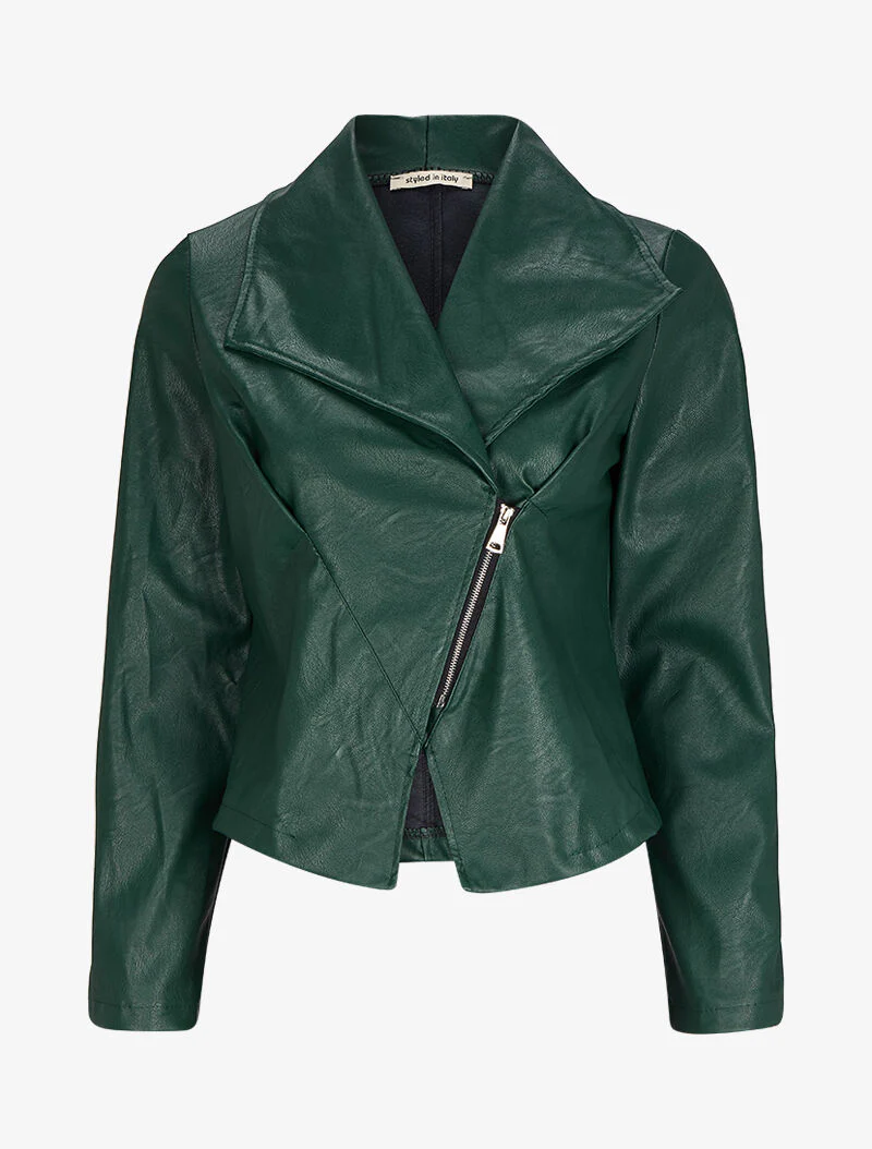 Perfecto-stijl jas in imitatie met brede kraag - Dennengroen