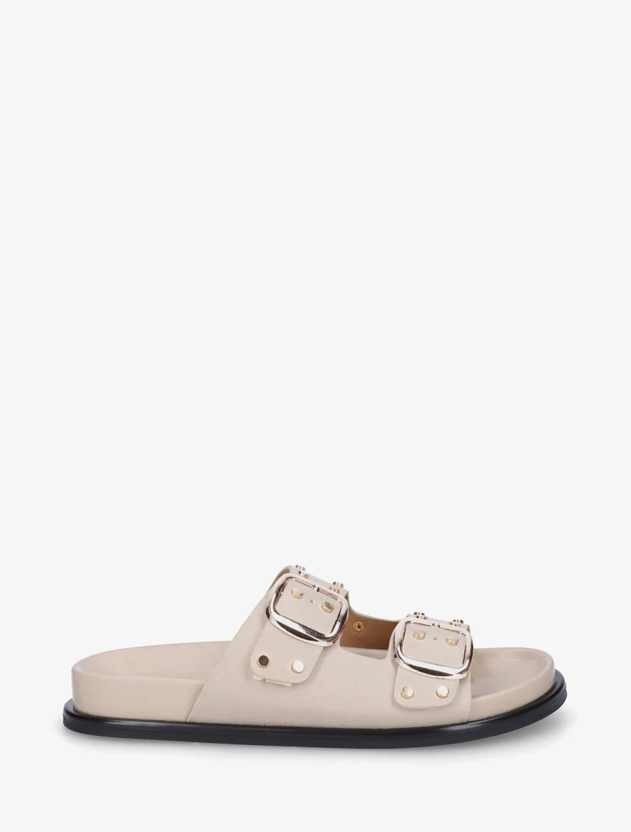 Platte muilen met studs en dubbele gespen - Beige