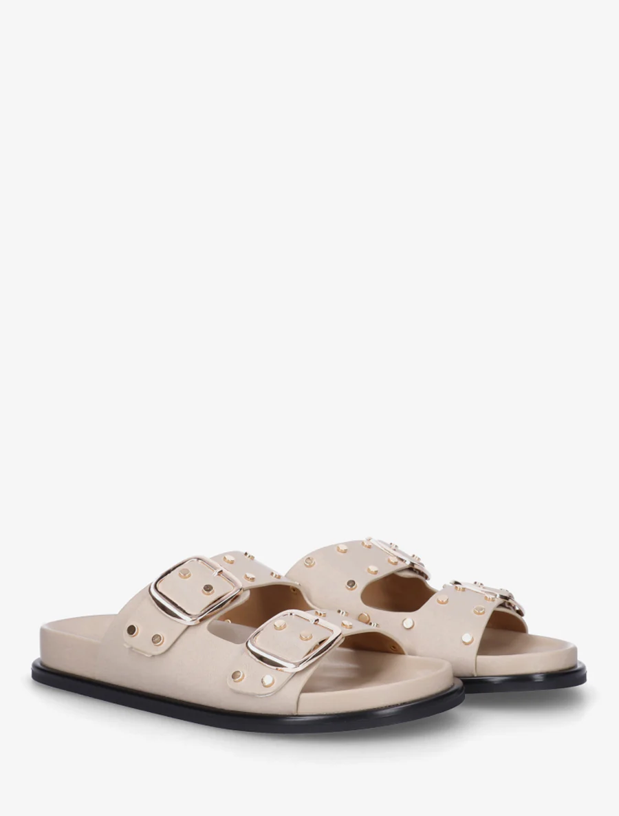 Platte muilen met studs en dubbele gespen - Beige - Image 4