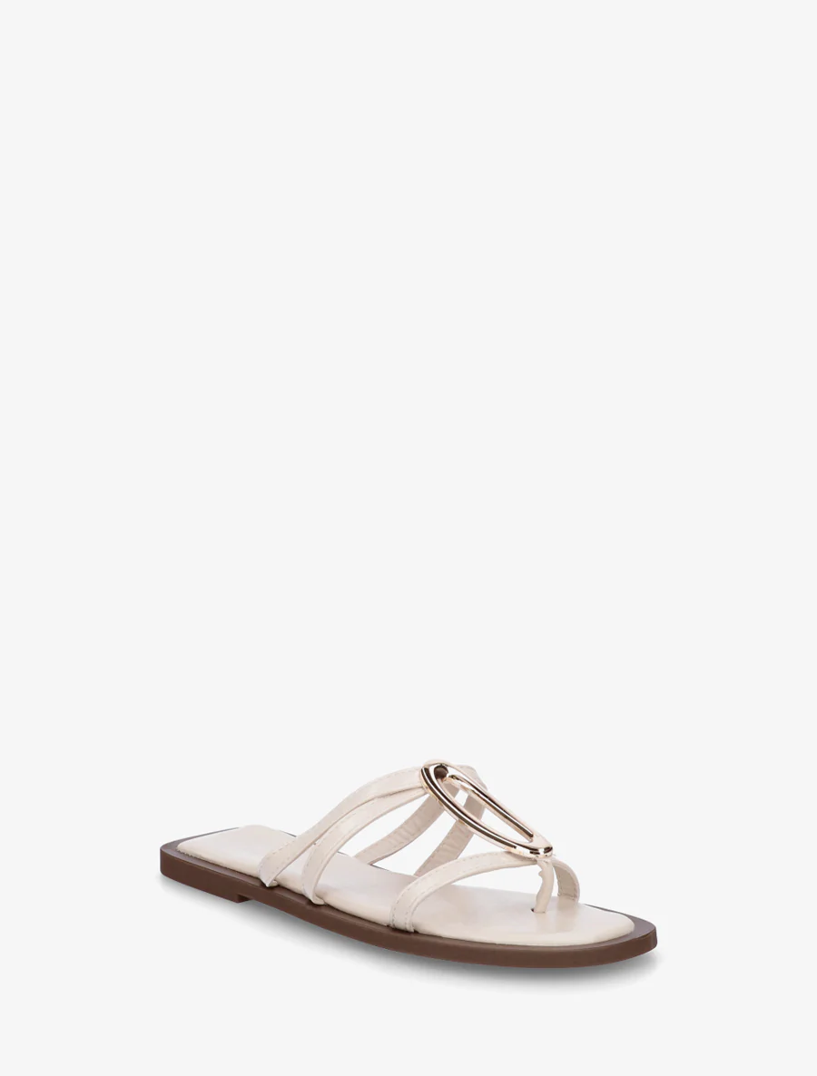 Platte muiltjes met fijne bandjes en metalen juweel - Beige - Image 2