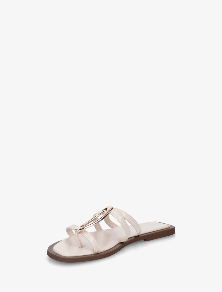 Platte muiltjes met fijne bandjes en metalen juweel - Beige - Image 3