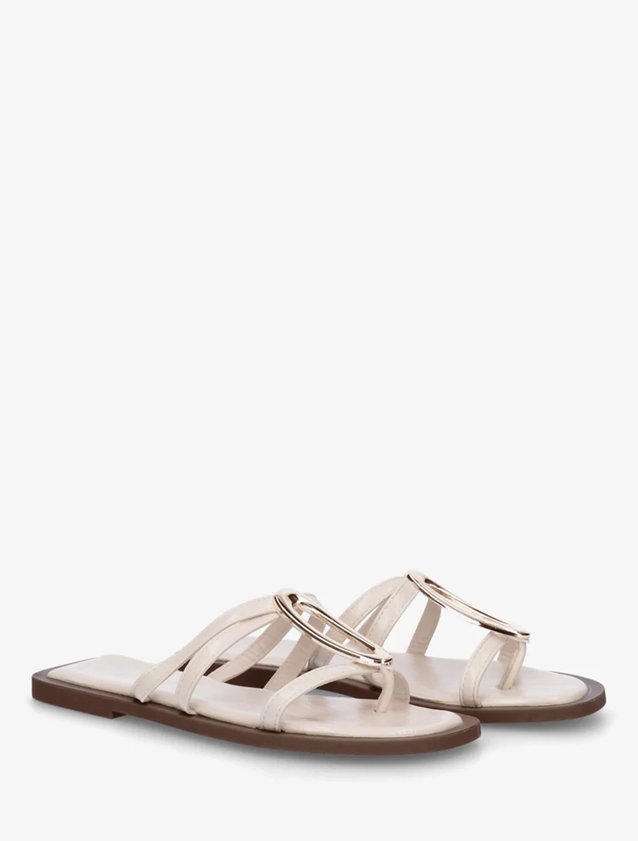 Platte muiltjes met fijne bandjes en metalen juweel - Beige - Image 4