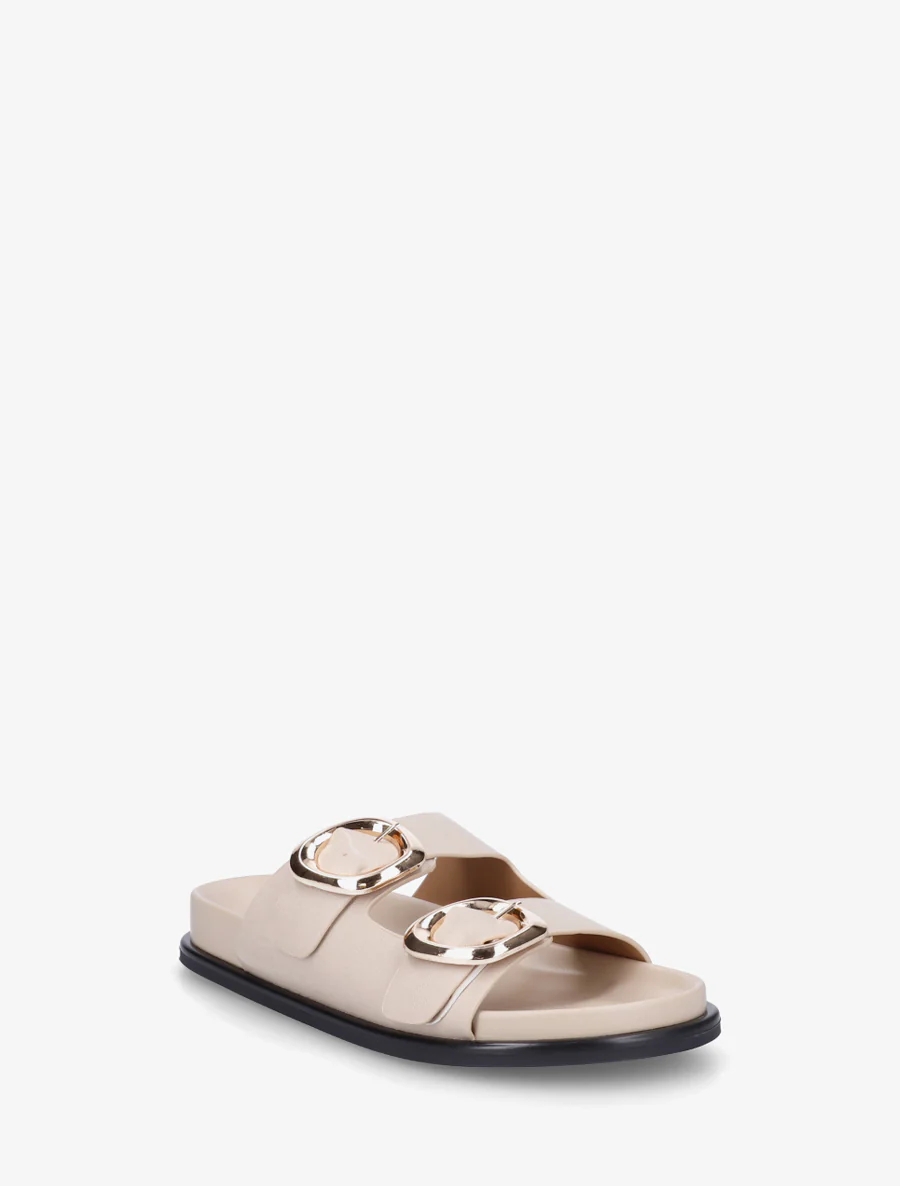 Platte muiltjes van imitatieleer met dubbele gespen - Beige - Image 2