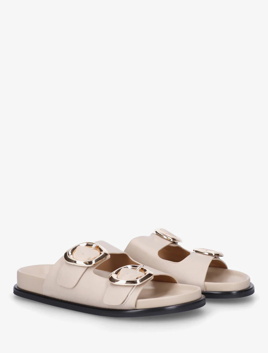 Platte muiltjes van imitatieleer met dubbele gespen - Beige - Image 4