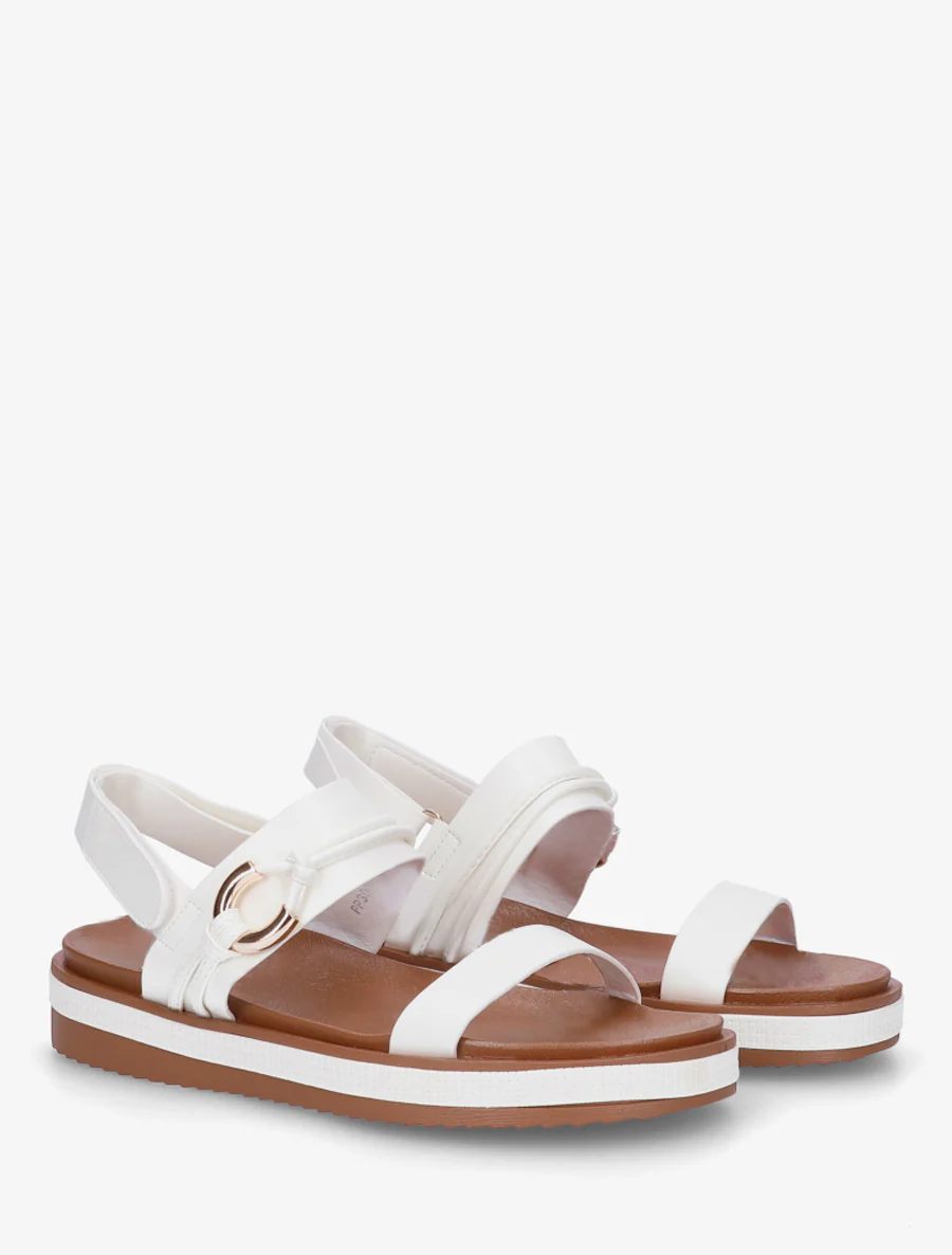 Platte sandalen met decoratieve metalen gesp. - Wit - Image 4