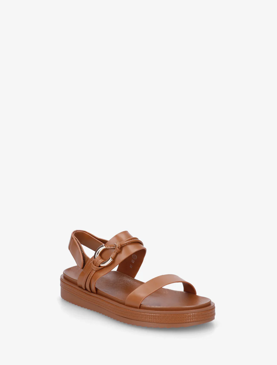 Platte sandalen met decoratieve metalen gesp. - Kameel - Image 2