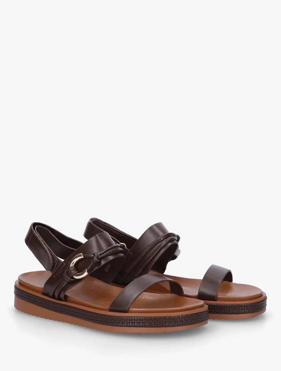 Platte sandalen met decoratieve metalen gesp. - Bruin - Image 4