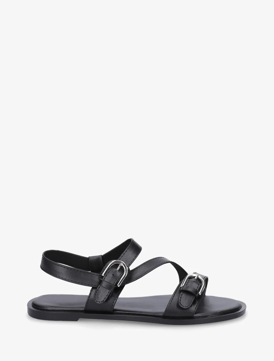 Platte sandalen met dubbele gespen van imitatieleer - Zwart