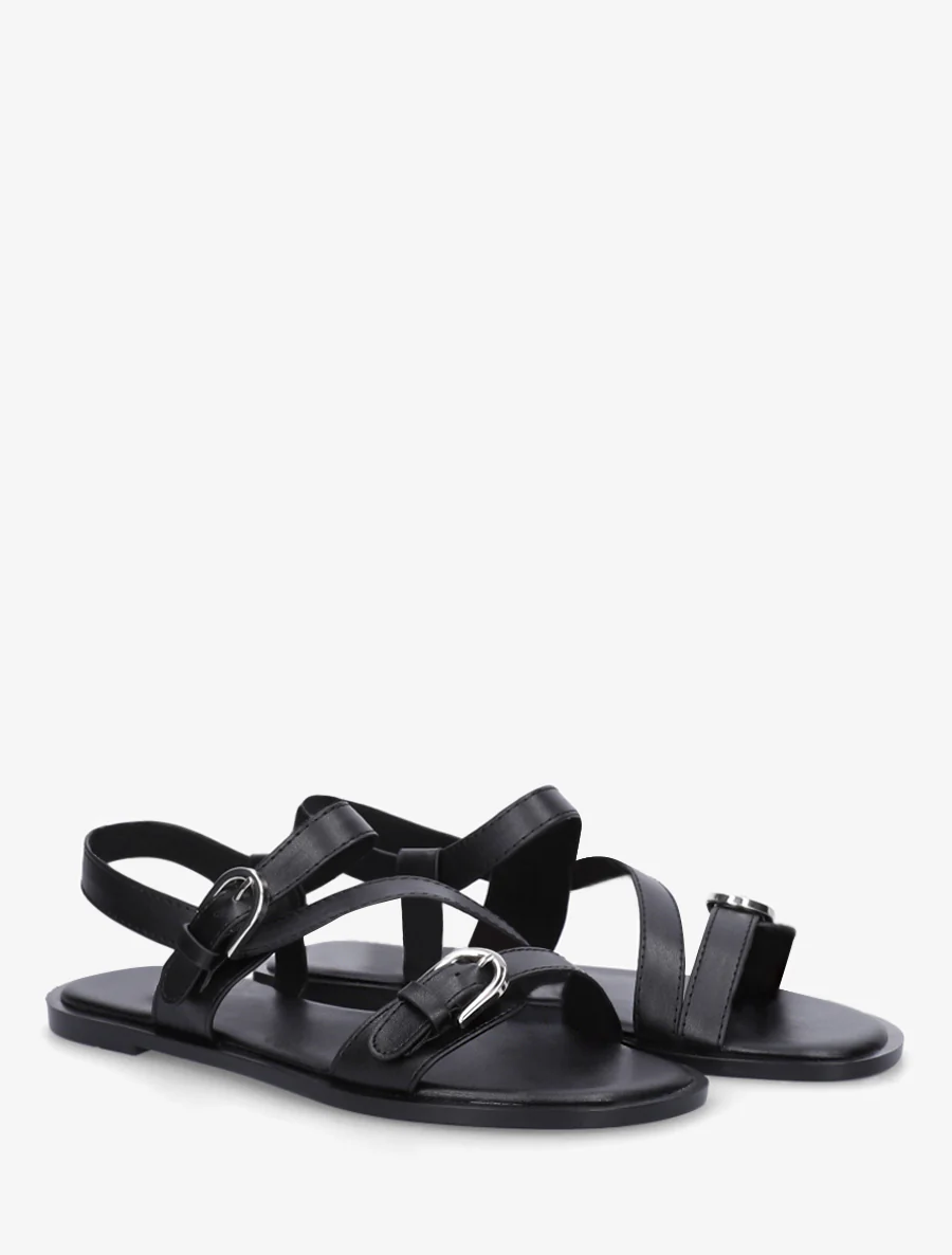 Platte sandalen met dubbele gespen van imitatieleer - Zwart - Image 4