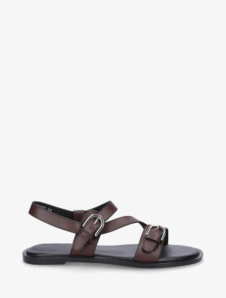 Platte sandalen met dubbele gespen van imitatieleer - Bruin