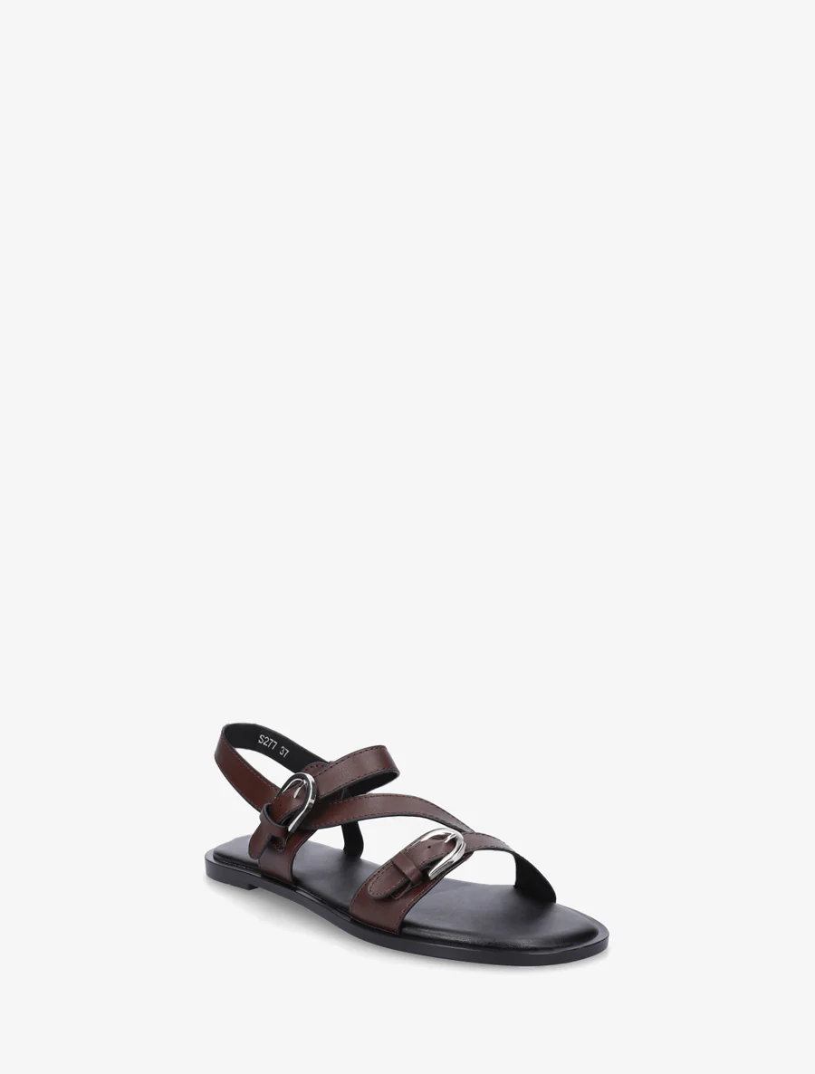 Platte sandalen met dubbele gespen van imitatieleer - Bruin - Image 2