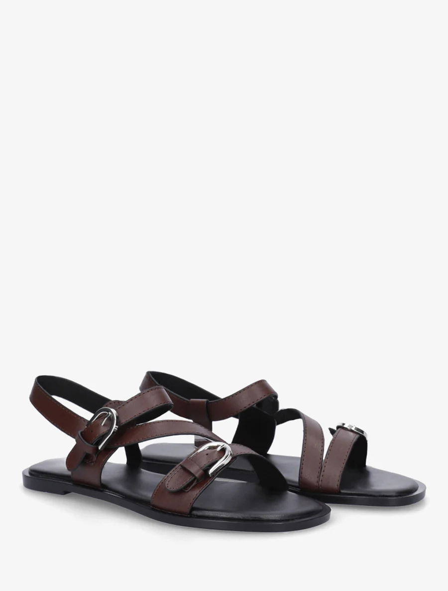 Platte sandalen met dubbele gespen van imitatieleer - Bruin - Image 4