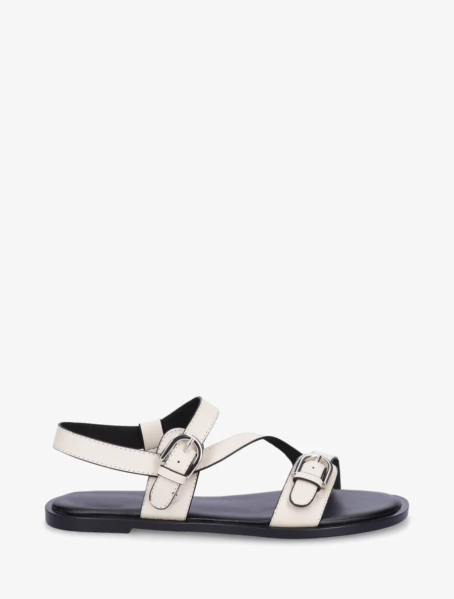 Platte sandalen met dubbele gespen van imitatieleer - Beige