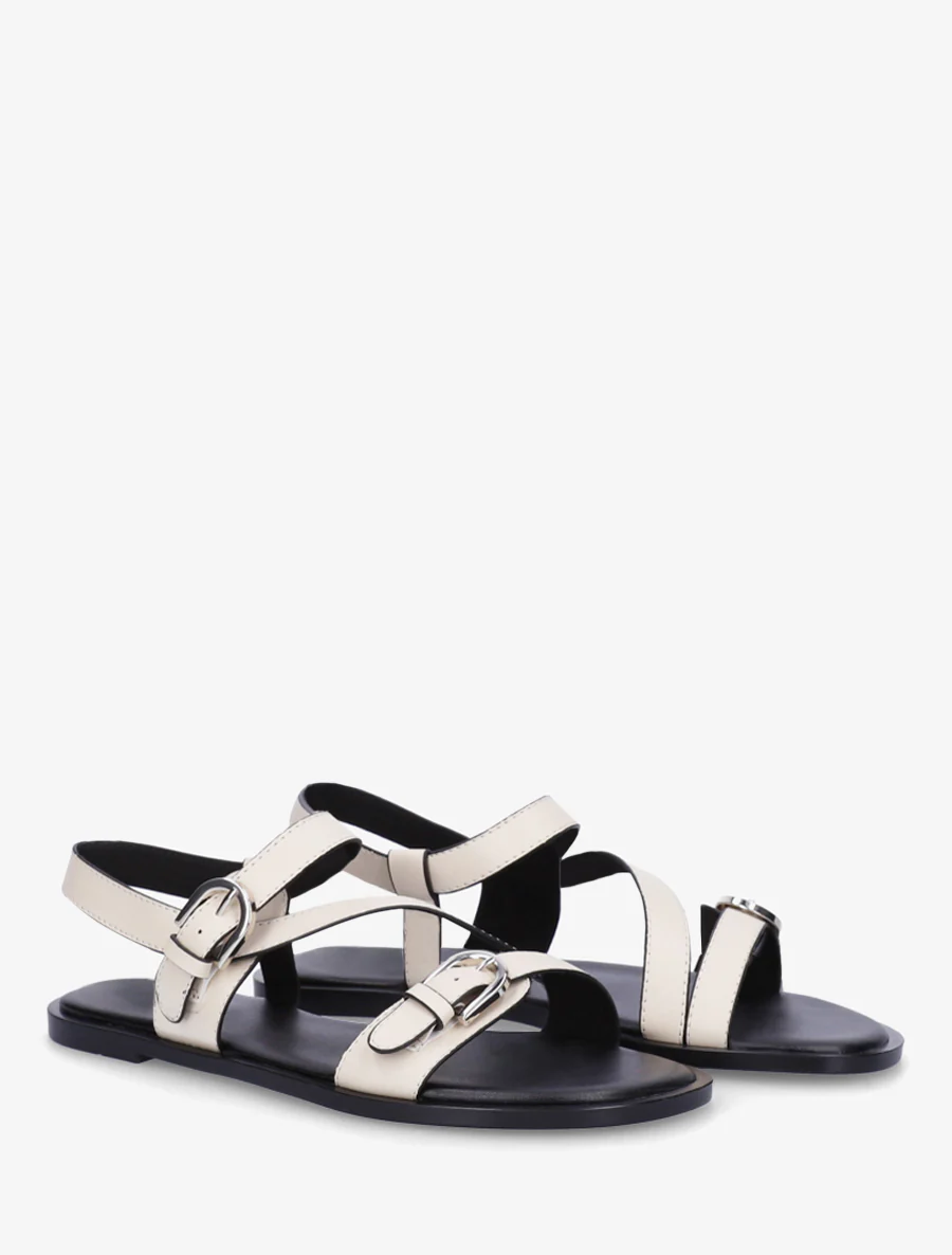 Platte sandalen met dubbele gespen van imitatieleer - Beige - Image 4