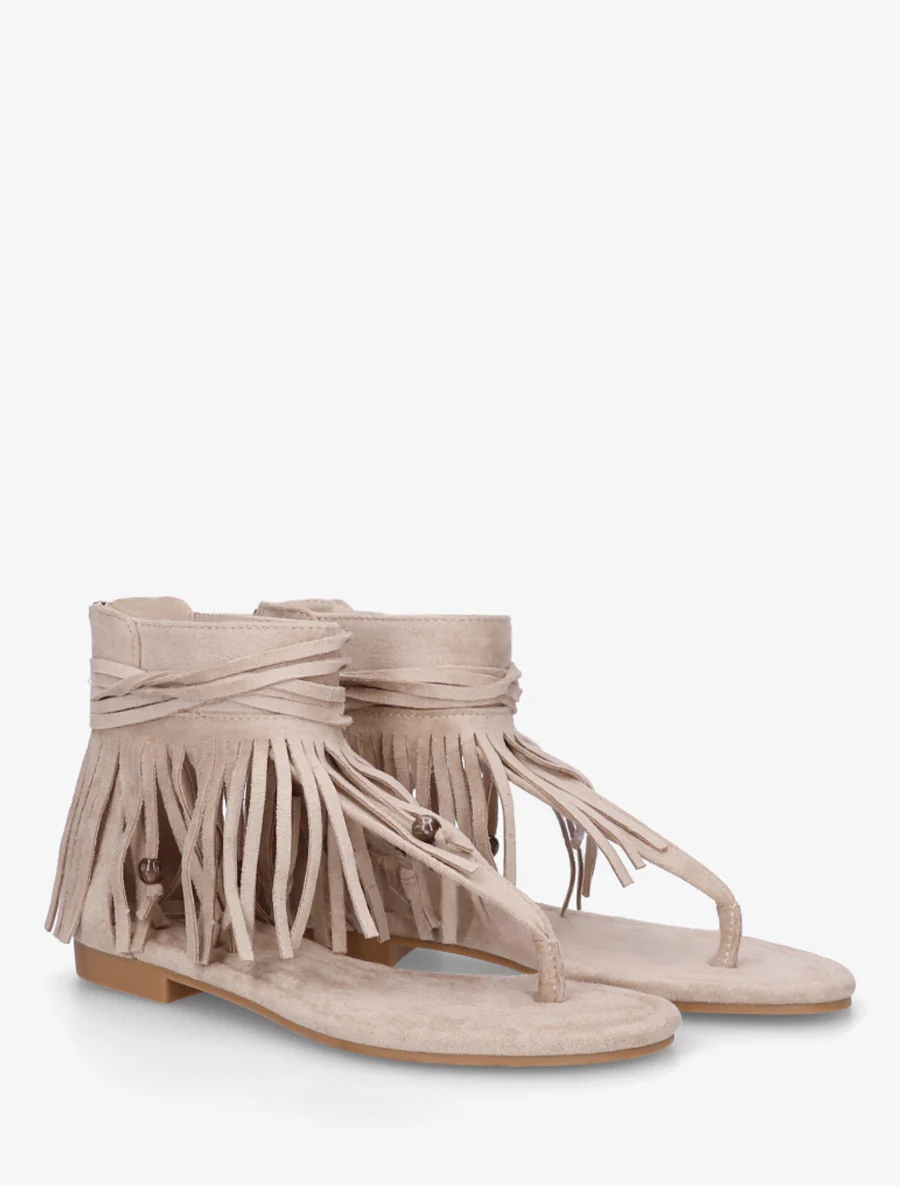 Platte sandalen met franjes van suèdine. - Beige - Image 4