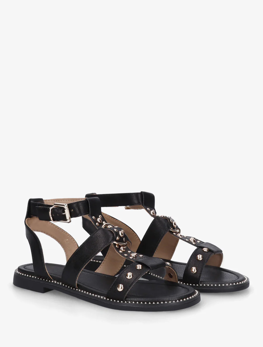 Platte sandalen met studs in imitatieleer. - Zwart - Image 4