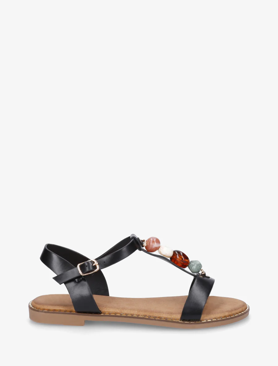 Platte sandalen van imitatieleer met gekleurde stenen - Zwart