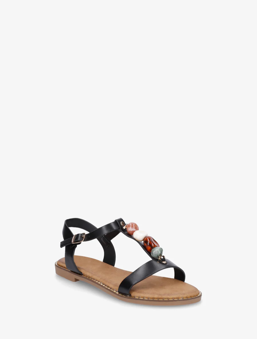Platte sandalen van imitatieleer met gekleurde stenen - Zwart - Image 2