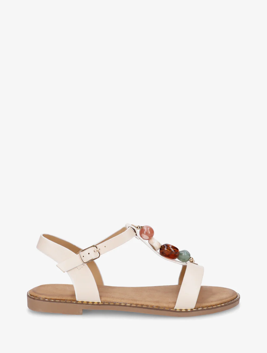 Platte sandalen van imitatieleer met gekleurde stenen - Beige