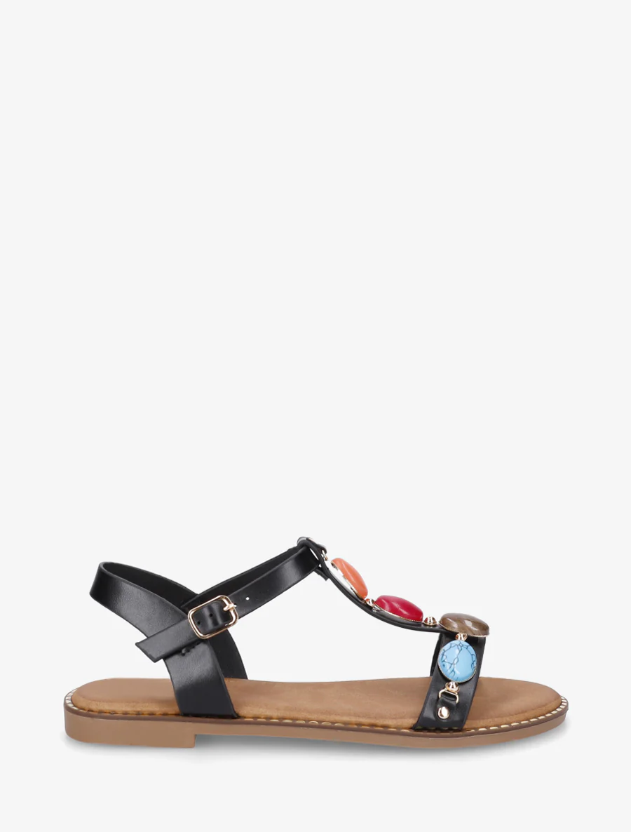 Platte sandalen van imitatieleer met harsstenen - Zwart