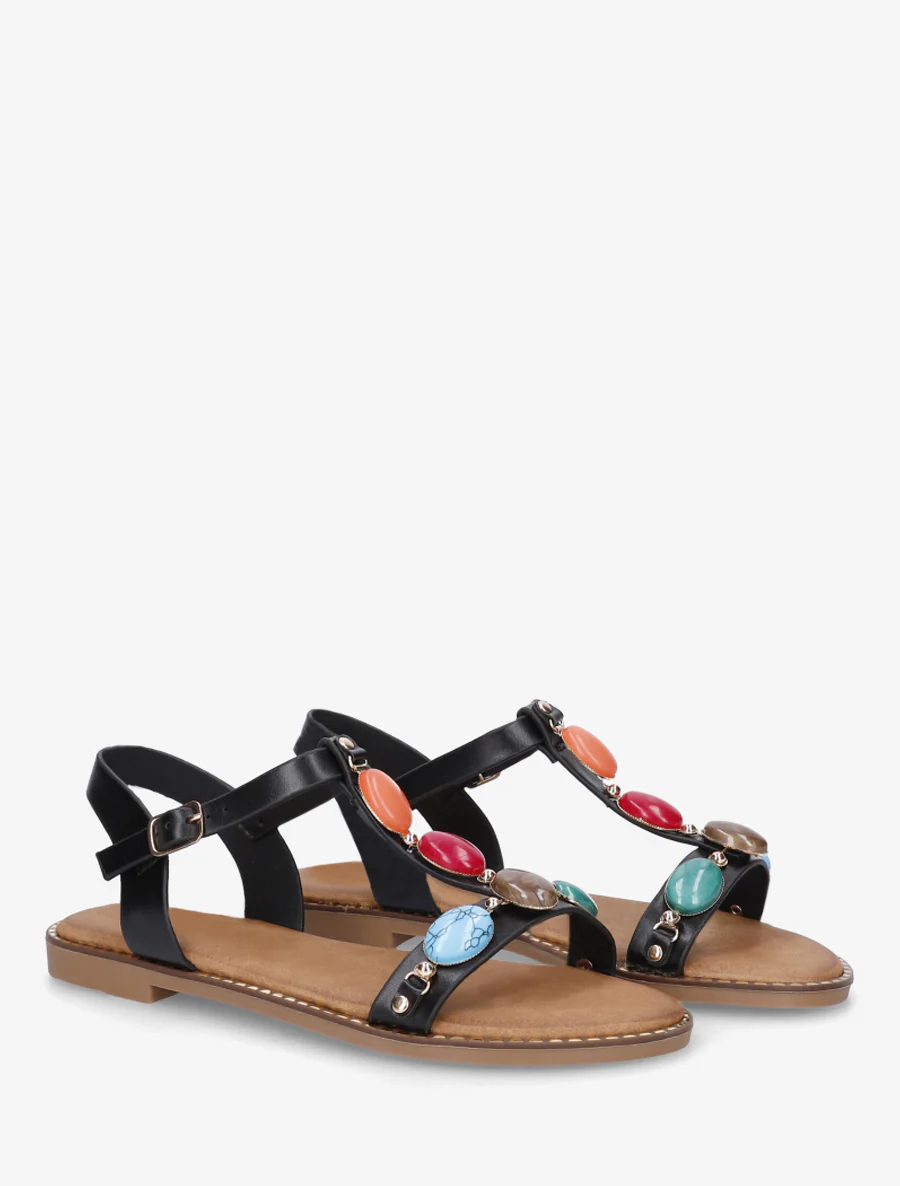 Platte sandalen van imitatieleer met harsstenen - Zwart - Image 4