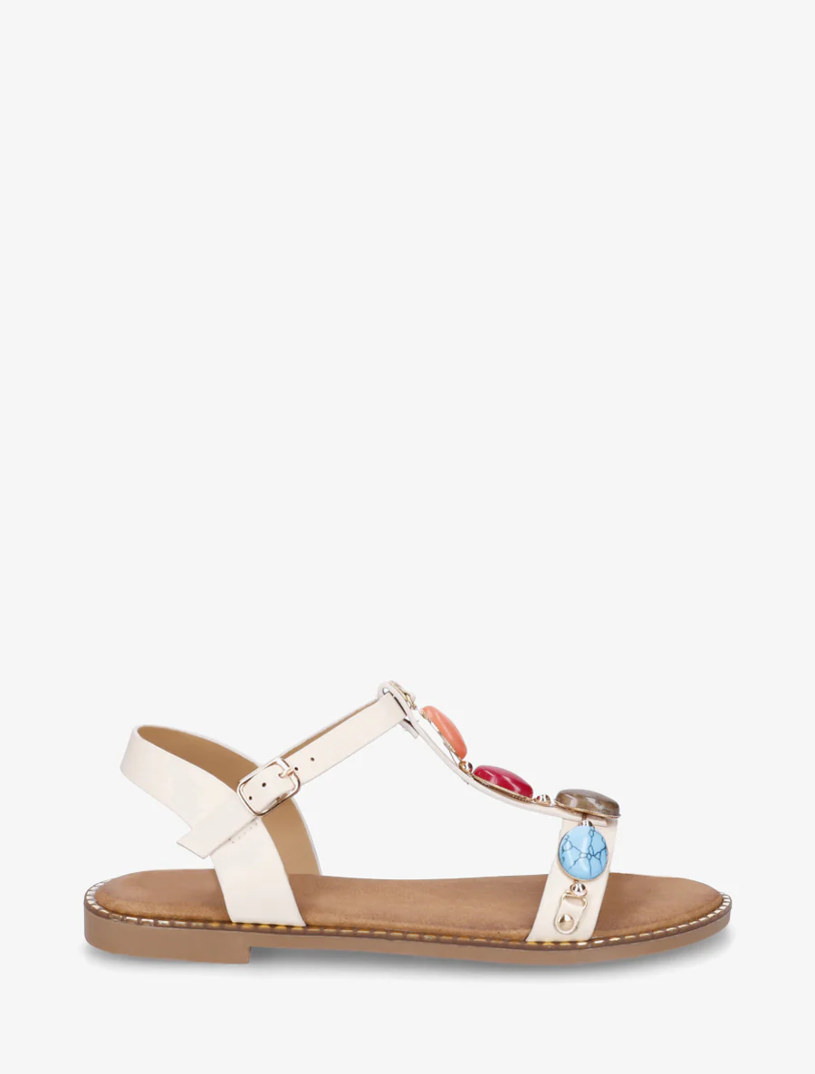Platte sandalen van imitatieleer met harsstenen - Beige