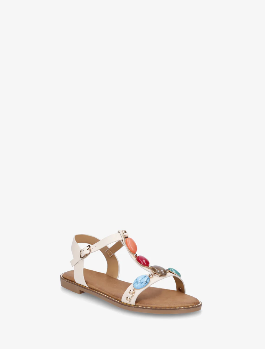 Platte sandalen van imitatieleer met harsstenen - Beige - Image 2