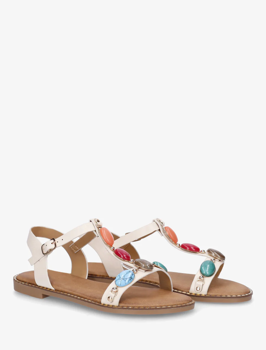 Platte sandalen van imitatieleer met harsstenen - Beige - Image 4