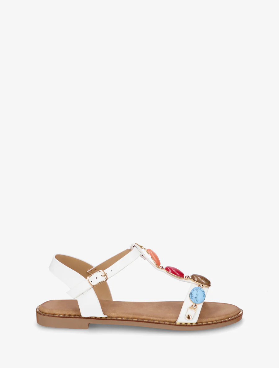 Platte sandalen van imitatieleer met harsstenen - Wit