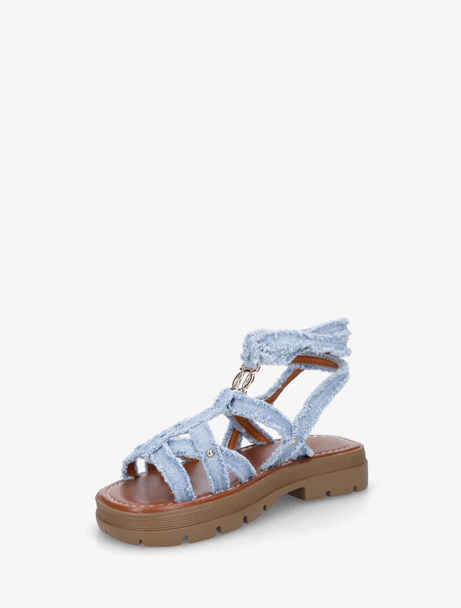 Platte sandalen van stof met gekruiste bandjes - Blauwe denim - Image 3