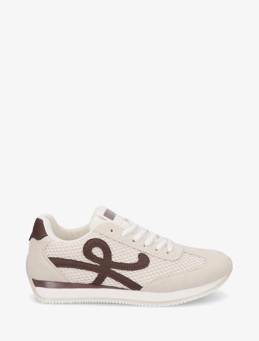 Platte sneakers met inzetstukken van canvas. - Beige
