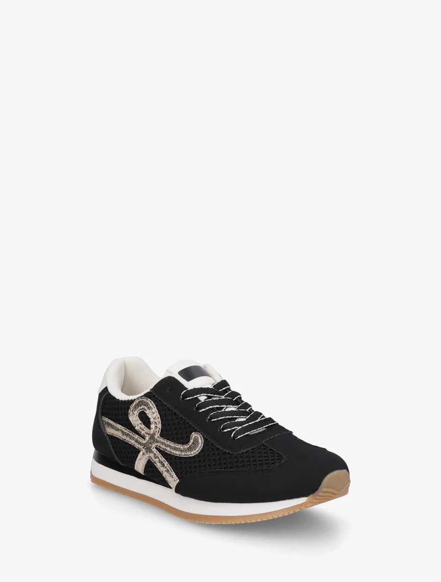 Platte sneakers met inzetstukken van canvas. - Zwart - Image 2