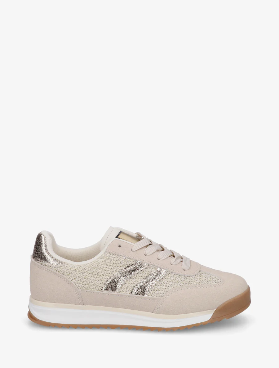 Platte sneakers met nubuck-effect banden en contrasterende hielversteviging. - Beige