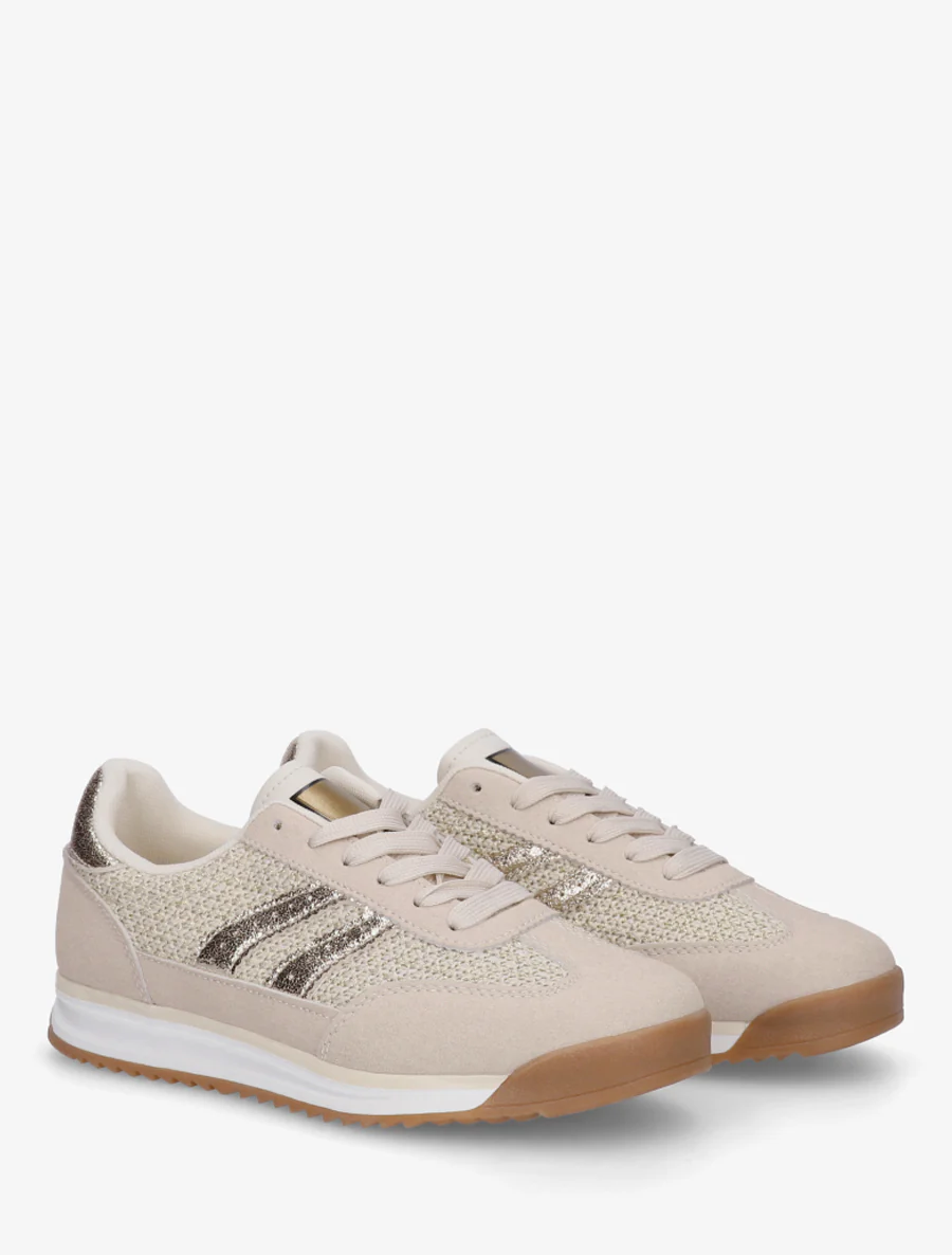 Platte sneakers met nubuck-effect banden en contrasterende hielversteviging. - Beige - Image 4