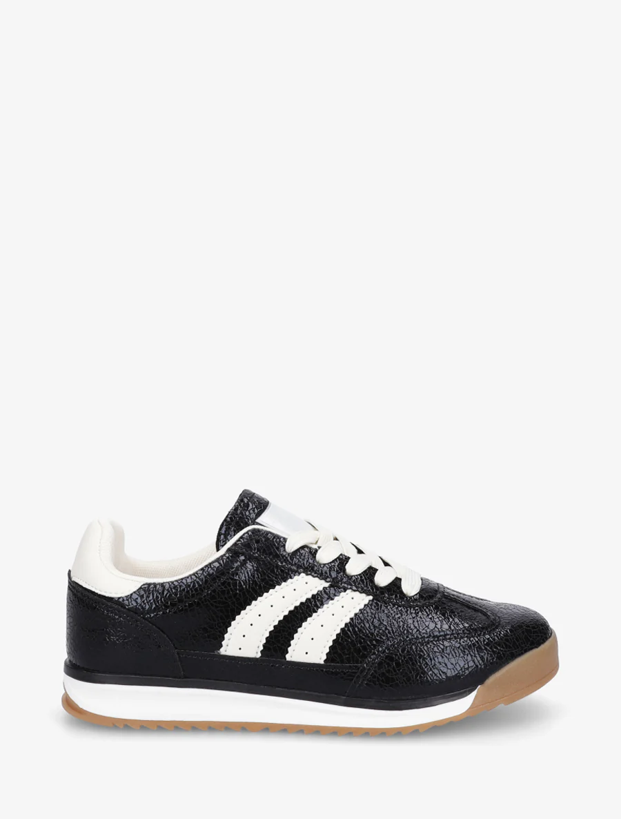 Platte sneakers met strepen en contrasterende hielkap. - Zwart