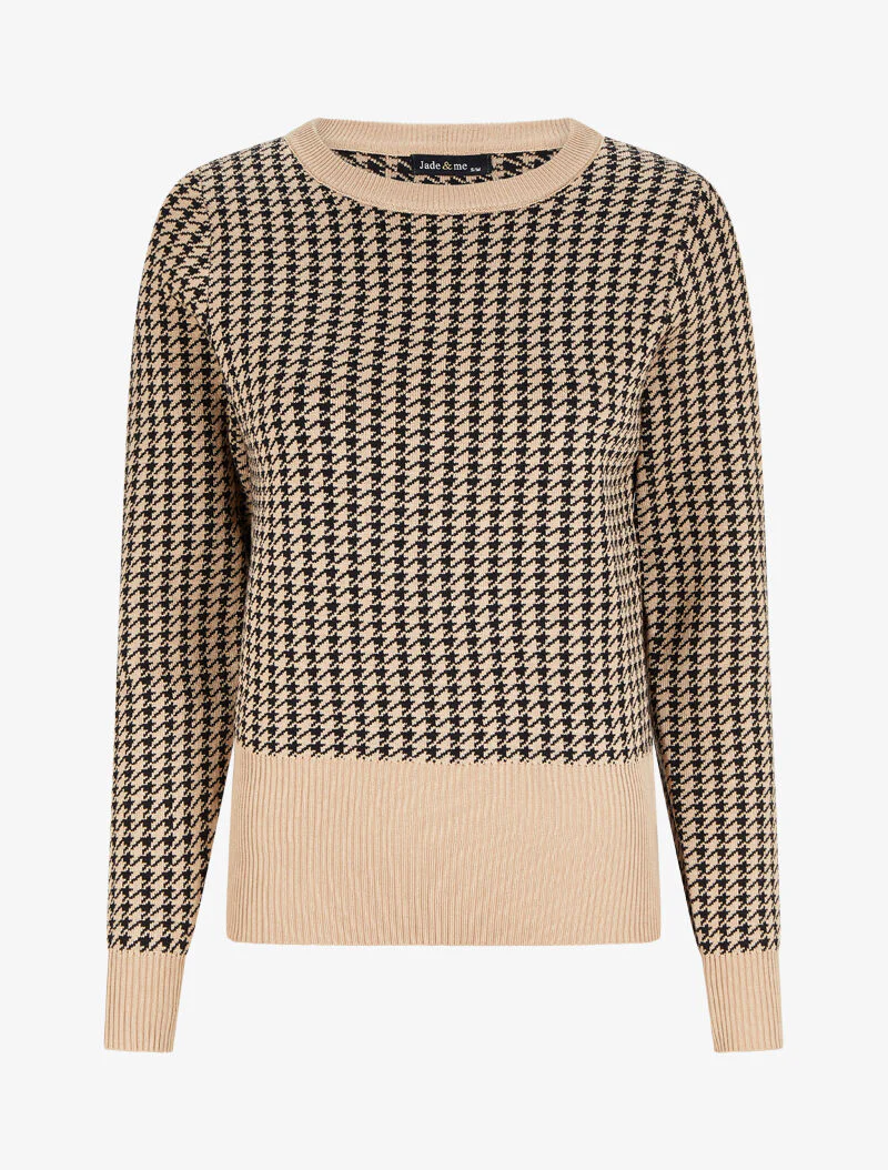 Houndstooth print trui - Camel/zwart