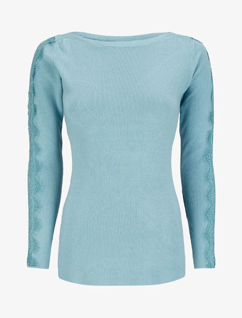 Bootshals trui met kanten mouwdetails - Lichtblauw