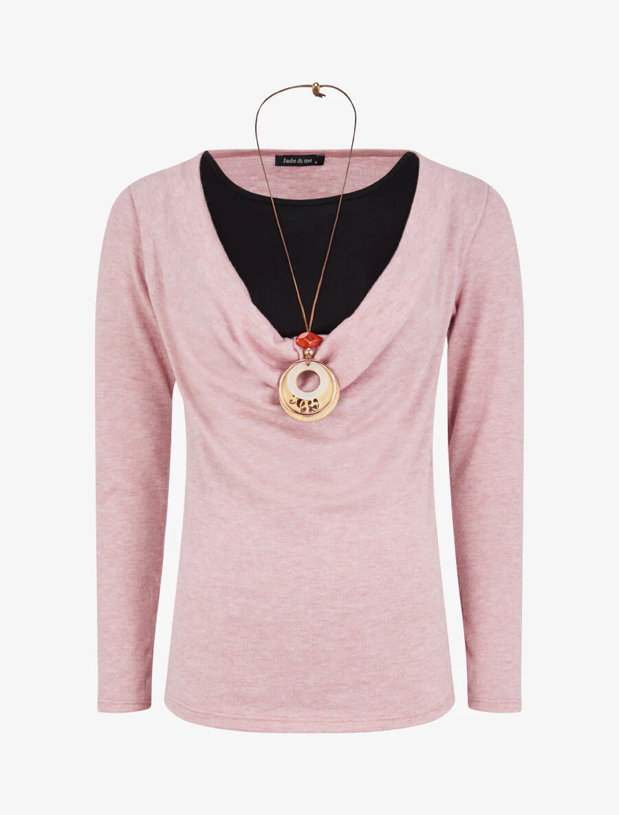 Cowl neck trui en trompe l'oeil t-shirt - Roze
