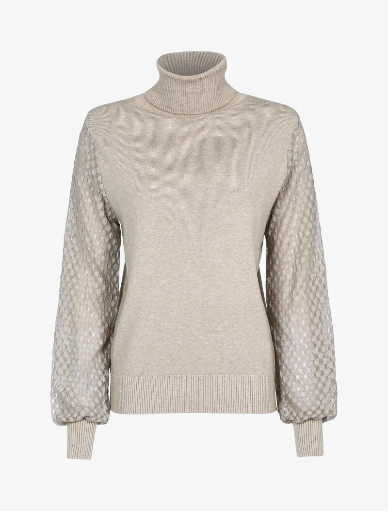 Kanten mouwentrui met print - taupe