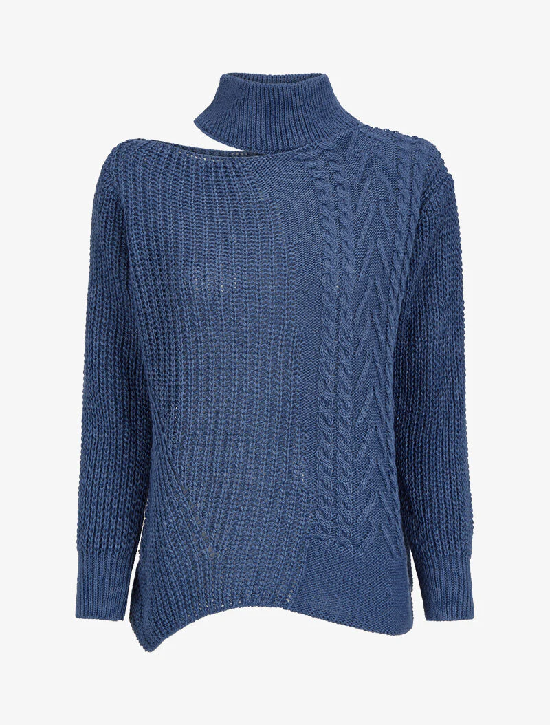 Trui met opengewerkt opstaande kraag en asymmetrische randen - Blauw