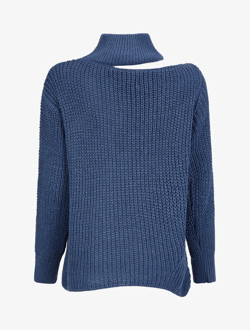 Trui met opengewerkt opstaande kraag en asymmetrische randen - Blauw - Image 2