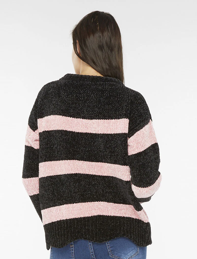 Gestreepte pilou trui - zwart/roze - Image 3