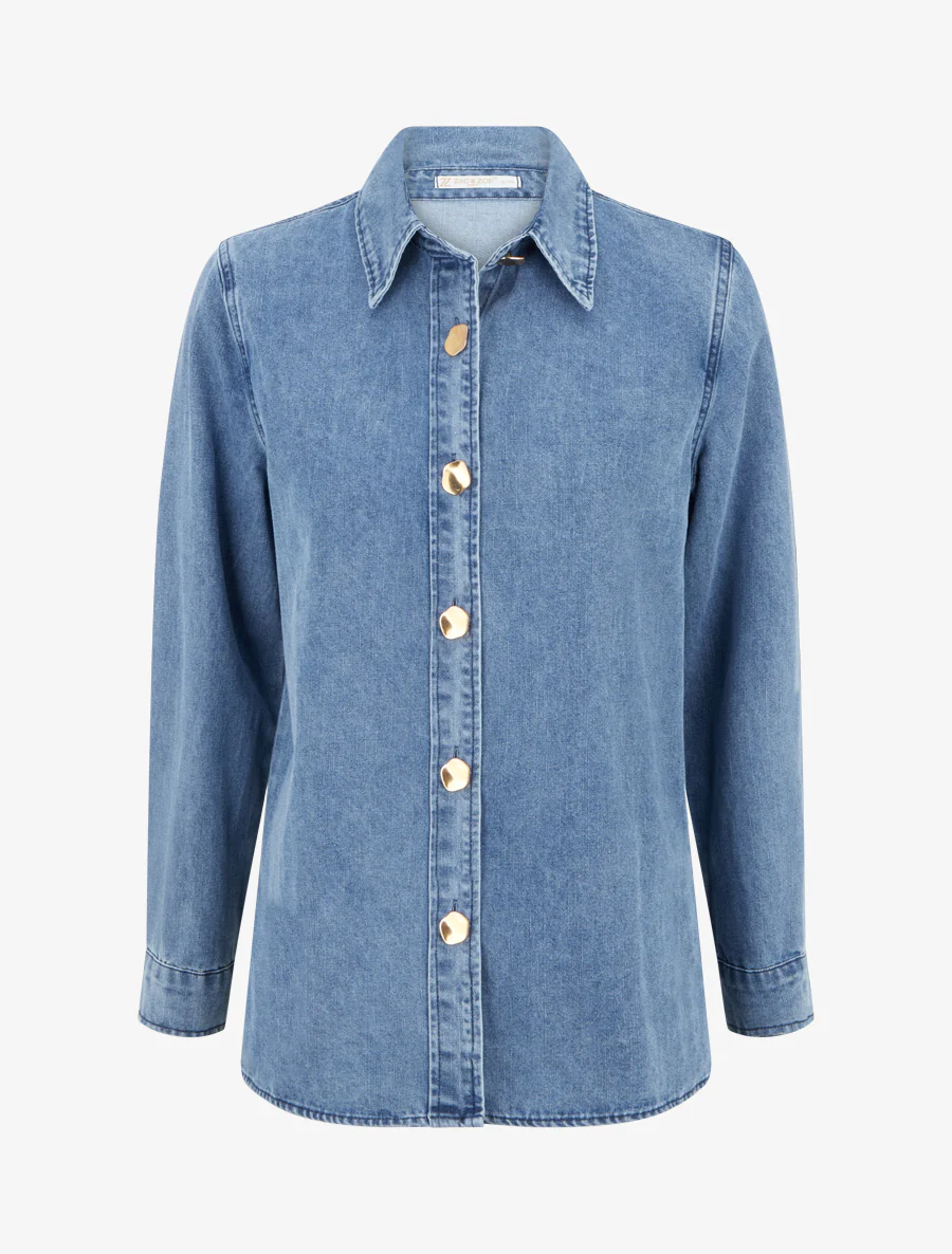 Recht denim overhemd met gestileerde knopen - Blauw