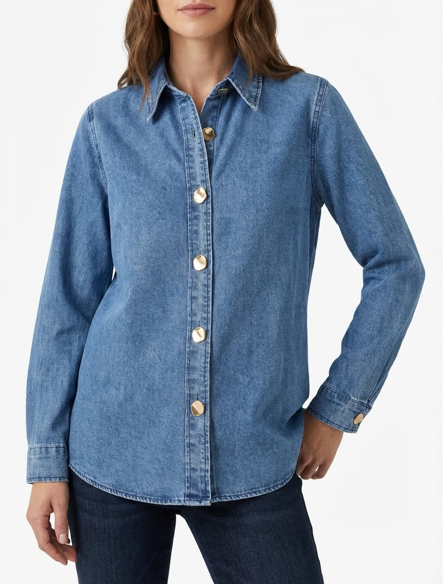 Recht denim overhemd met gestileerde knopen - Blauw - Image 4