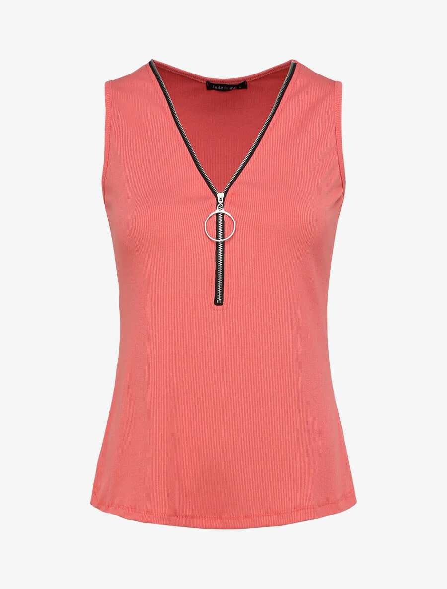 Recht eenkleurig T-shirt met rits kraag - Koraal