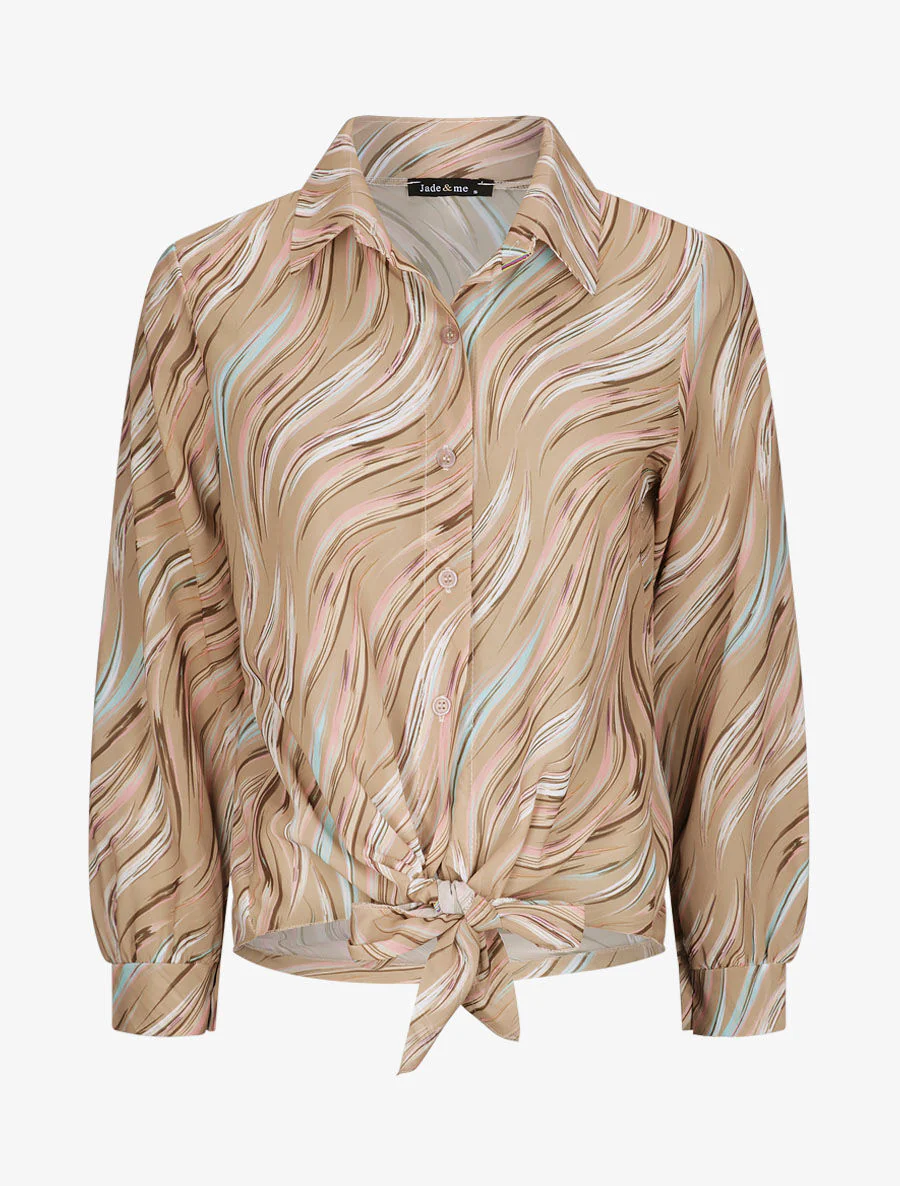 Recht gebonden shirt met gestileerde lijnenprint - Kameel