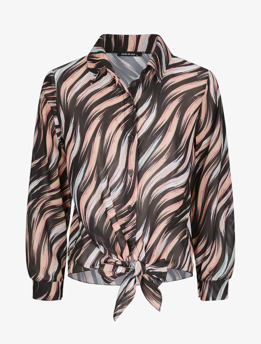Recht gebonden shirt met gestileerde lijnenprint - Zwart