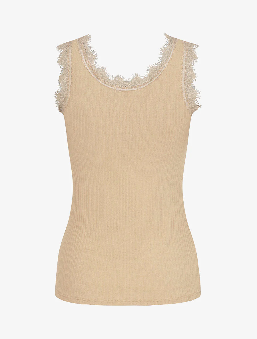Recht geribbelde T-shirt met kanten kraag - Beige - Image 2